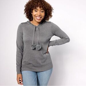 Belle By Kim Gravel Women's Hooded Sweater with Pom-Pom Details Gray XS